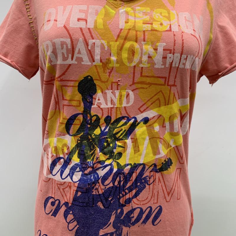 オーバーデザインクリエイション overdesigncreation Tシャツ Tシャツ プリント Vネック S 桃 / ピンク / レディース USED 古着 中古 10023441
