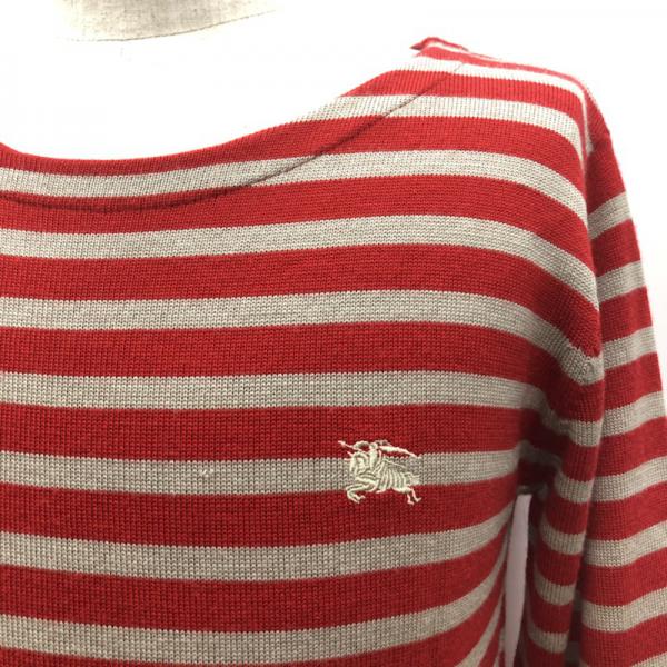 バーバリーブラックレーベル BURBERRY BLACK LABEL ニット、セーター セーター ニット 長袖 ボーダー クルーネック 2 ボーダー柄 灰 / グレー / X 赤 / レッド / メンズ USED 古着 中古 10027751