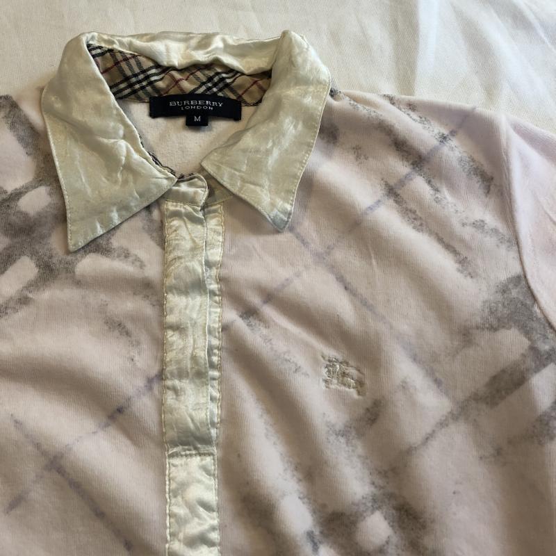 バーバリーロンドン Burberry London ポロシャツ 長袖 コーデュロイカットソー サテン M 無地 X プリント X ロゴ、文字 X ワンポイント X 刺繍 X チェック 桃 / ピンク / X 白 / ホワイト / X 灰 / グレー / レディース USED 古着 中古 10029156
