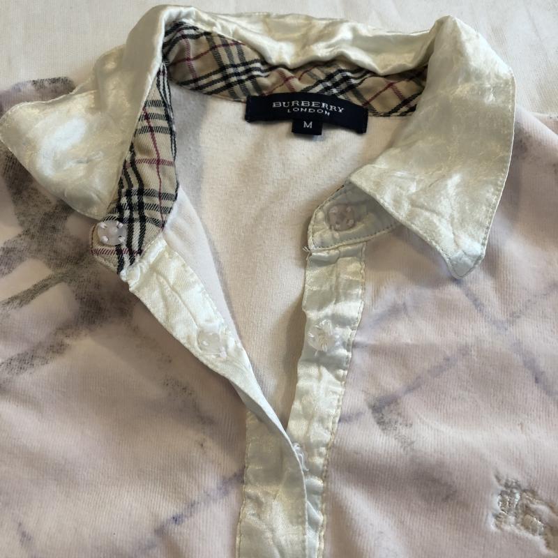 バーバリーロンドン Burberry London ポロシャツ 長袖 コーデュロイカットソー サテン M 無地 X プリント X ロゴ、文字 X ワンポイント X 刺繍 X チェック 桃 / ピンク / X 白 / ホワイト / X 灰 / グレー / レディース USED 古着 中古 10029156