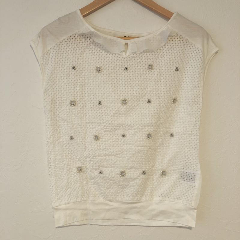 エフデ ef-de カットソー 半袖 ビジューカットソー フリル フレンチスリーブ 9 無地 白 / ホワイト /  レディース USED 古着 中古 10031116