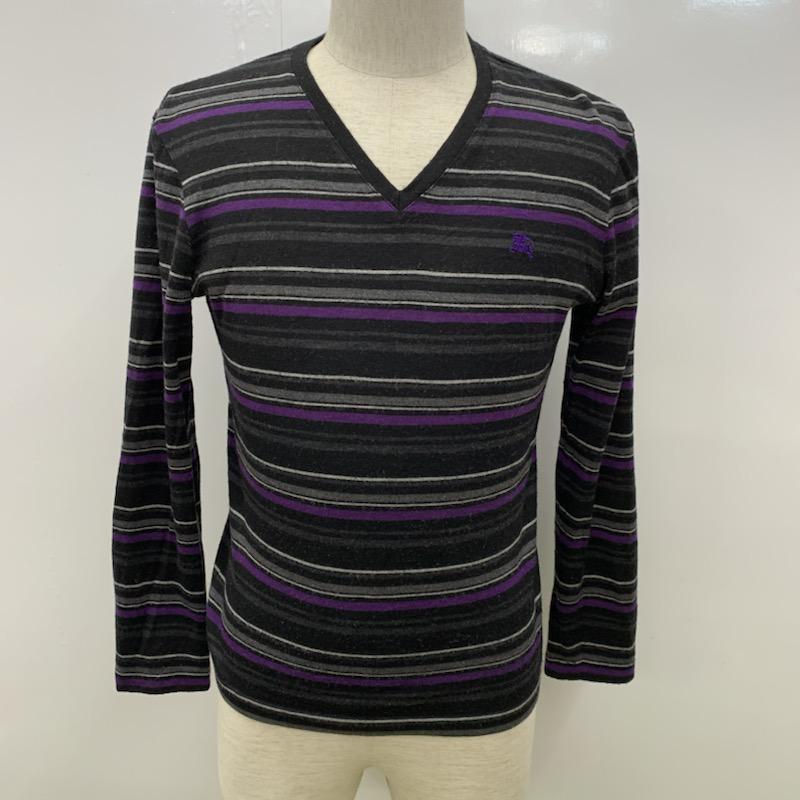 バーバリーブラックレーベル BURBERRY BLACK LABEL カットソー 長袖 Vネック ボーダー 2 ボーダー柄 黒 / ブラック / メンズ USED 古着 中古 10032472