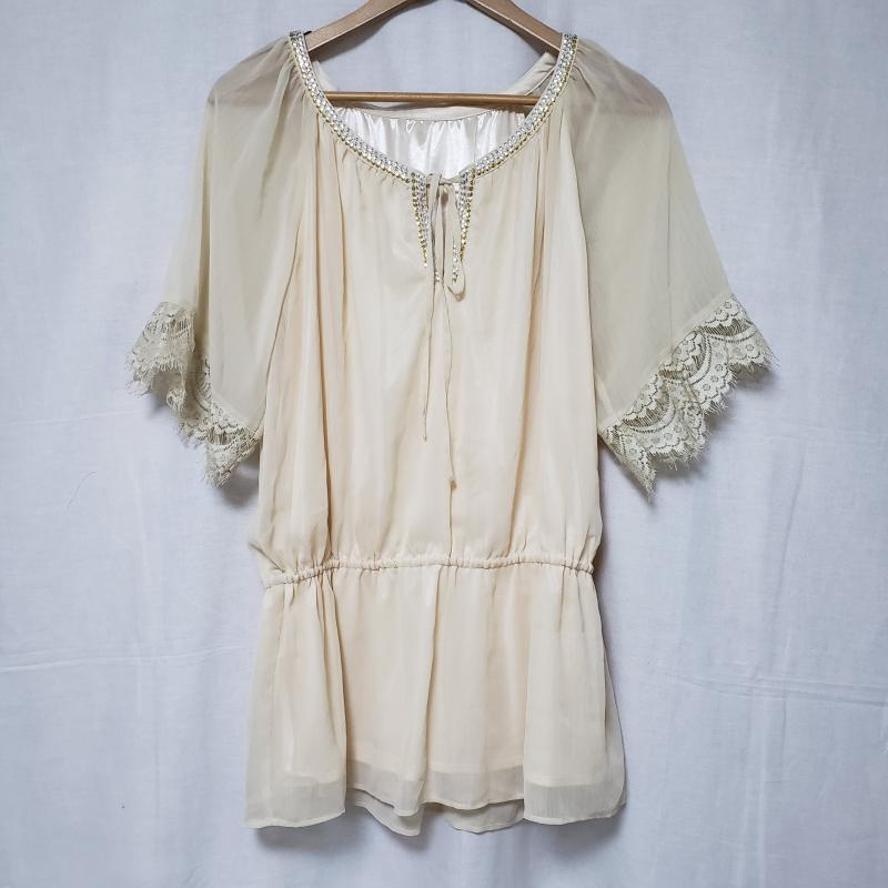 ミッシェル・クラン MICHEL KLEIN カットソー 半袖 袖レース/シフォン/袖透け素材 38 無地 X  X ワンポイント 銀 / シルバー / X 金 / ゴールド / X ベージュ / ベージュ /  レディース USED 古着 中古 10035599