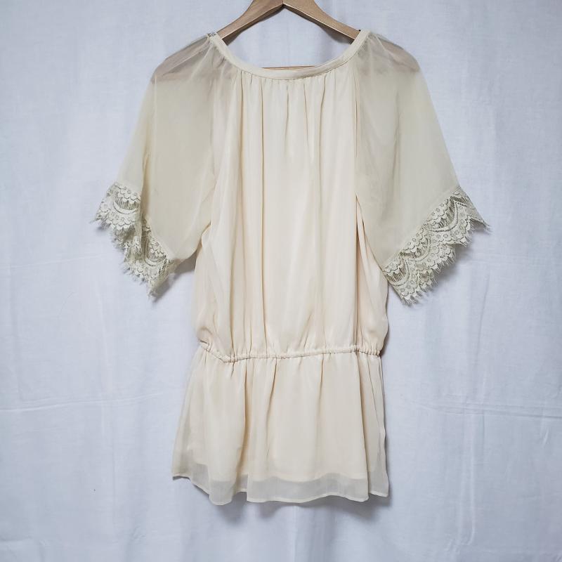 ミッシェル・クラン MICHEL KLEIN カットソー 半袖 袖レース/シフォン/袖透け素材 38 無地 X  X ワンポイント 銀 / シルバー / X 金 / ゴールド / X ベージュ / ベージュ /  レディース USED 古着 中古 10035599