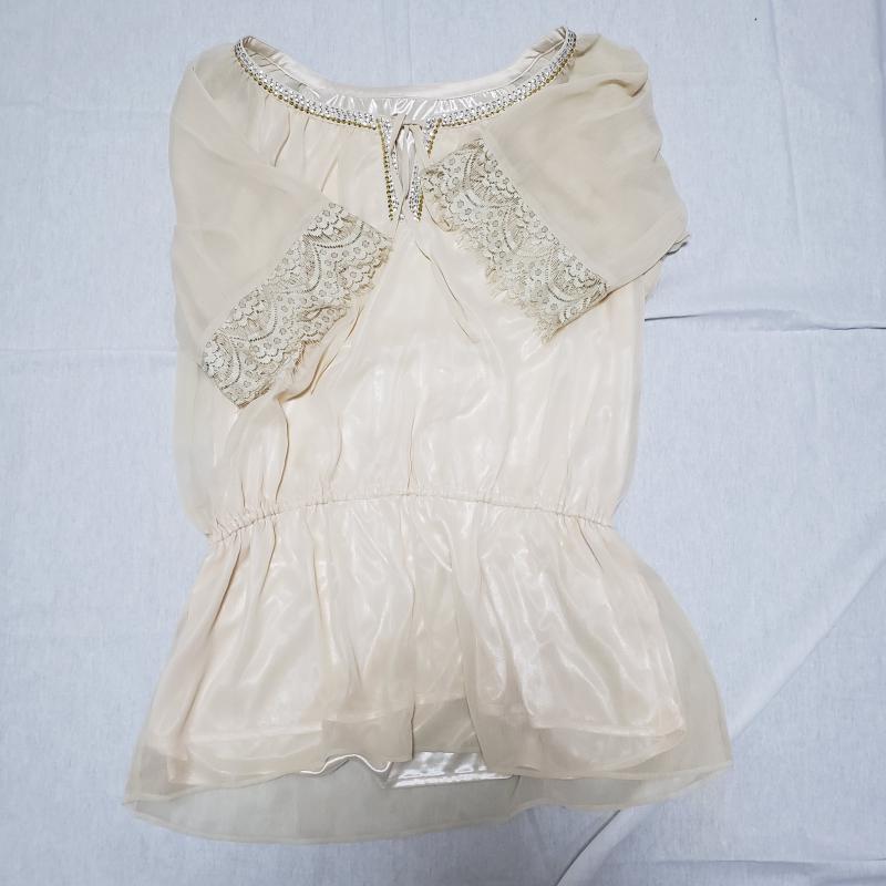 ミッシェル・クラン MICHEL KLEIN カットソー 半袖 袖レース/シフォン/袖透け素材 38 無地 X  X ワンポイント 銀 / シルバー / X 金 / ゴールド / X ベージュ / ベージュ /  レディース USED 古着 中古 10035599