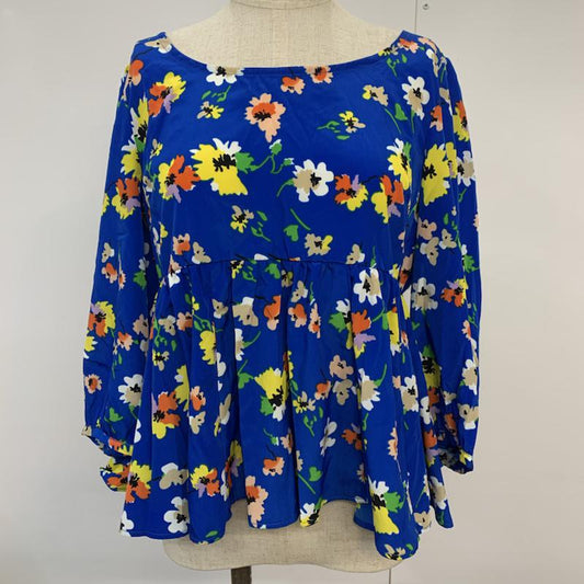 ローリーズファーム LOWRYS FARM カットソー 七分袖 花柄 ペプラム M 花柄 青 / ブルー /  レディース USED 古着 中古 10042422
