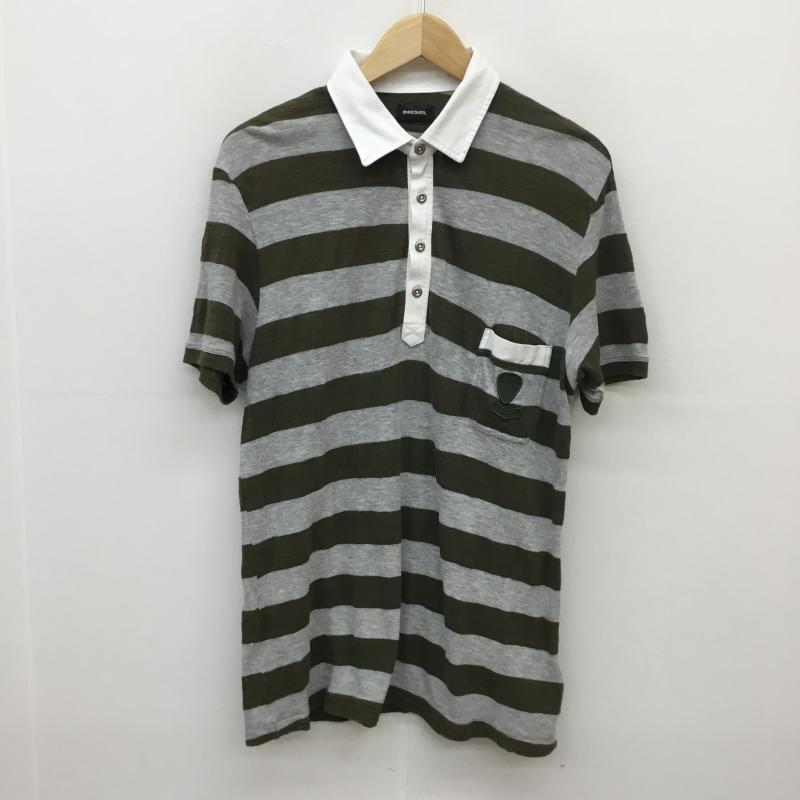 ディーゼル DIESEL ポロシャツ 半袖 L ボーダー柄 灰 / グレー / X 緑 / グリーン / メンズ USED 古着 中古 10054316