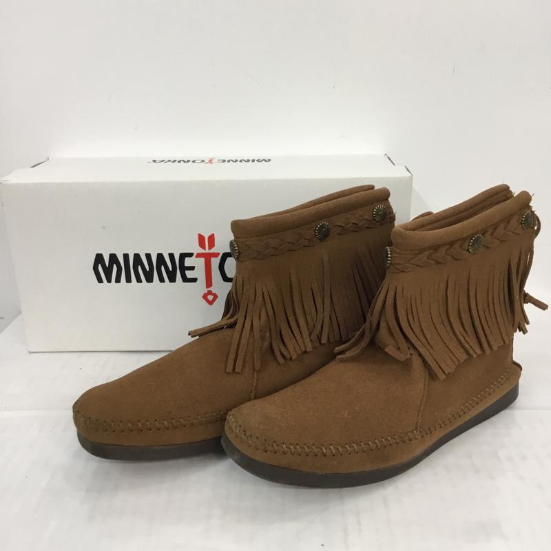 ミネトンカ Minnetonka ブーツ ショートブーツ 292L earth music&ecology × ミネトンカ フリンジ 6 箱有 23cm 23.0cm 無地 茶 / ブラウン / レディース USED 古着 中古 10062929