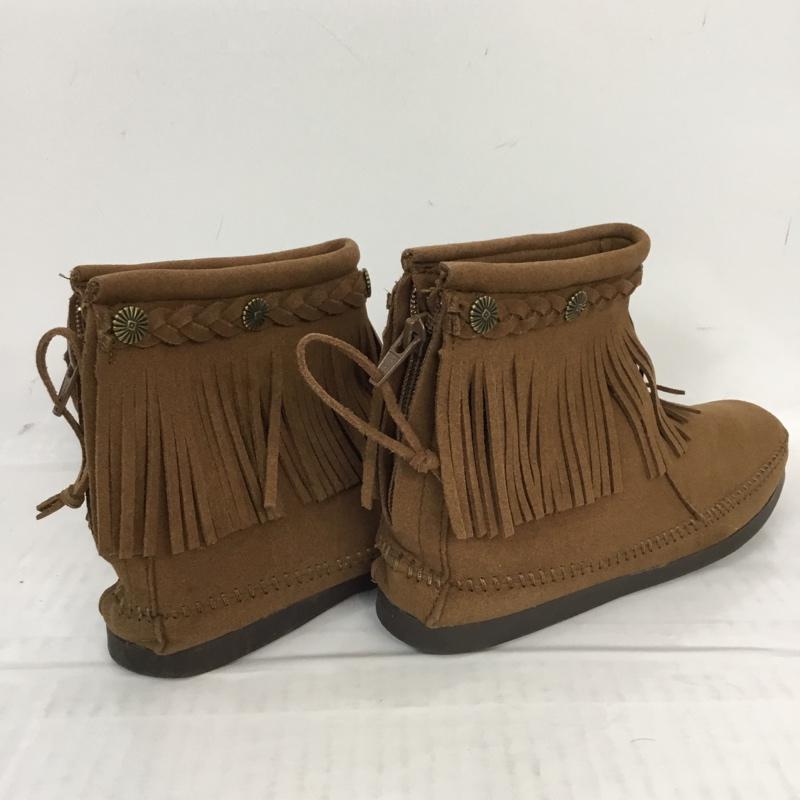 ミネトンカ Minnetonka ブーツ ショートブーツ 292L earth music&ecology × ミネトンカ フリンジ 6 箱有 23cm 23.0cm 無地 茶 / ブラウン / レディース USED 古着 中古 10062929