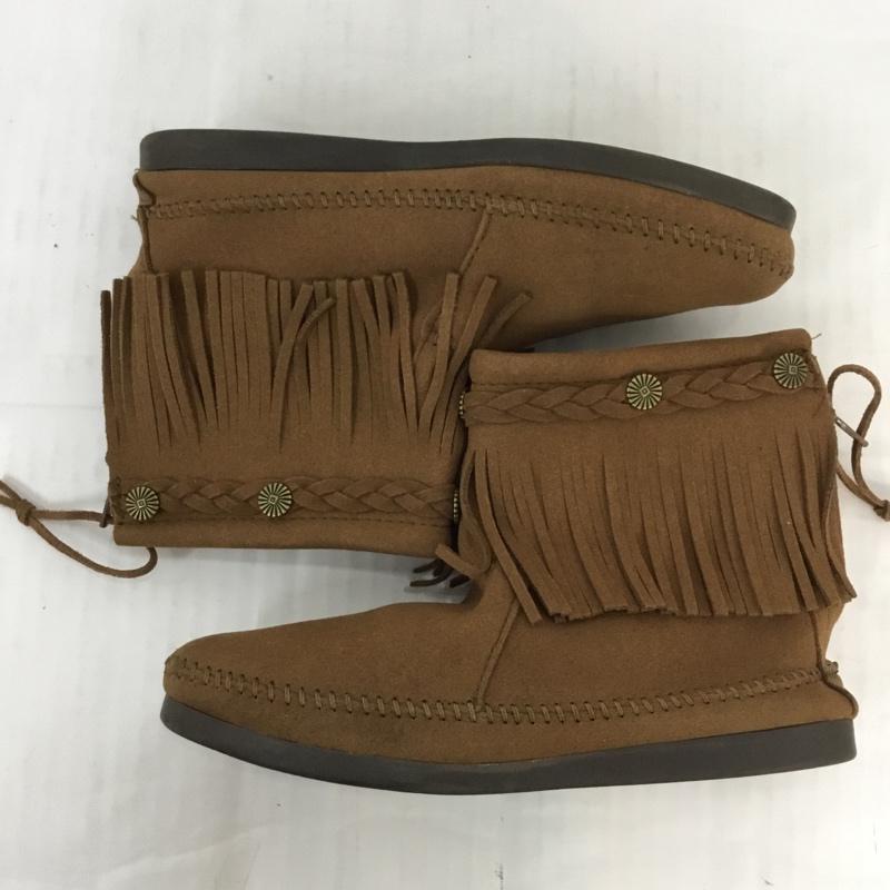 ミネトンカ Minnetonka ブーツ ショートブーツ 292L earth music&ecology × ミネトンカ フリンジ 6 箱有 23cm 23.0cm 無地 茶 / ブラウン / レディース USED 古着 中古 10062929