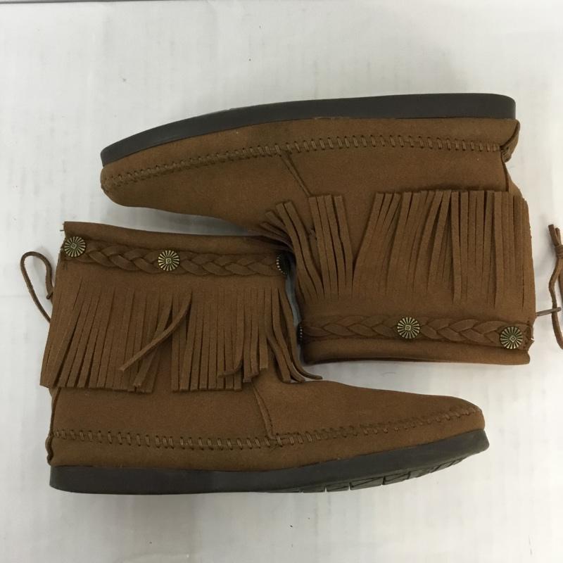 ミネトンカ Minnetonka ブーツ ショートブーツ 292L earth music&ecology × ミネトンカ フリンジ 6 箱有 23cm 23.0cm 無地 茶 / ブラウン / レディース USED 古着 中古 10062929