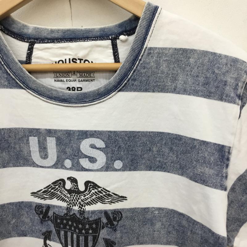 ヒューストン HOUSTON Tシャツ 半袖 ウォッシュ加工 38 ボーダー柄 X プリント 白 / ホワイト / X 青 / ブルー / メンズ USED 古着 中古 10068914