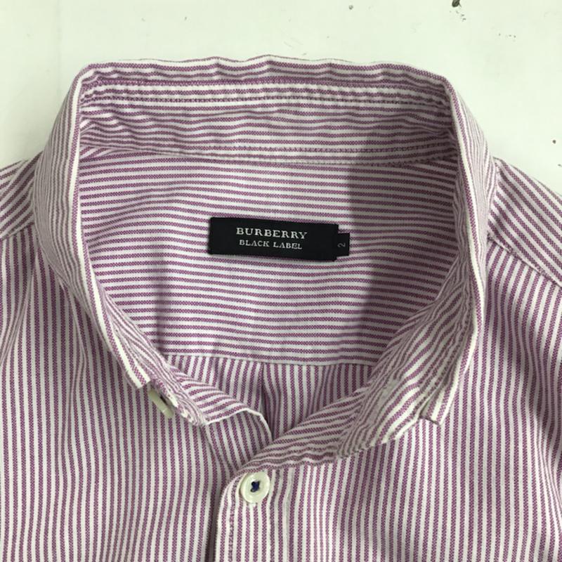 バーバリーブラックレーベル BURBERRY BLACK LABEL シャツ、ブラウス 長袖 D1M04-703-16 ボタンダウン ストライプ 2 ワンポイント 白 / ホワイト / X 紫 / パープル / メンズ USED 古着 中古 10072180