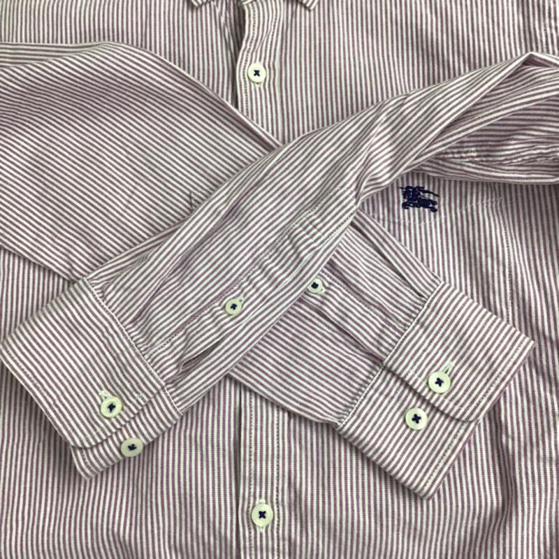 バーバリーブラックレーベル BURBERRY BLACK LABEL シャツ、ブラウス 長袖 D1M04-703-16 ボタンダウン ストライプ 2 ワンポイント 白 / ホワイト / X 紫 / パープル / メンズ USED 古着 中古 10072180