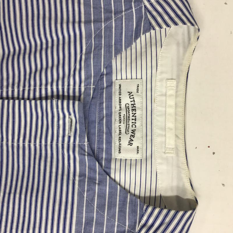 オーセンティックウエア AUTHENTIC WEAR シャツ、ブラウス 長袖 3211-166-2159 ノーカラー S ボーダー柄 白 / ホワイト / X 青 / ブルー / メンズ USED 古着 中古 10072190