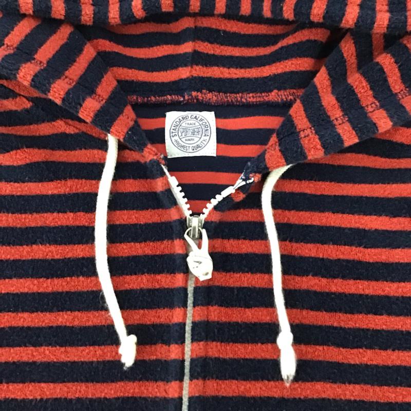 スタンダード カリフォルニア STANDARD CALIFORNIA パーカー 長袖 ジップアップ S ボーダー柄 紺 / ネイビー / X 赤 / レッド / メンズ USED 古着 中古 10072376