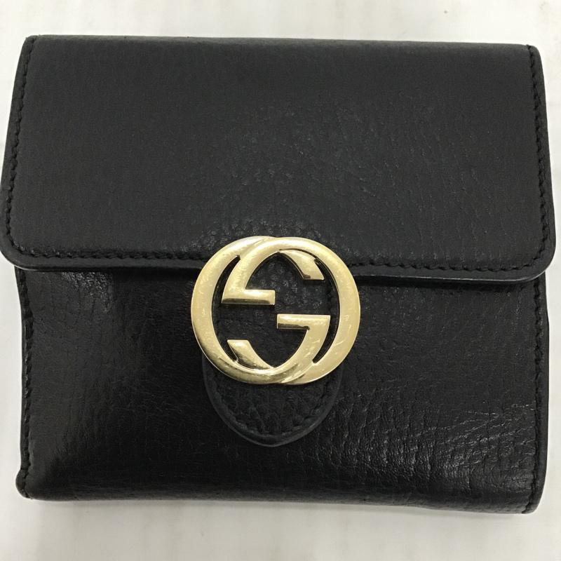グッチ GUCCI 財布 二つ折り インターロック GG 無地 黒 / ブラック / X 金 / ゴールド / レディース USED 古着 中古 10074660