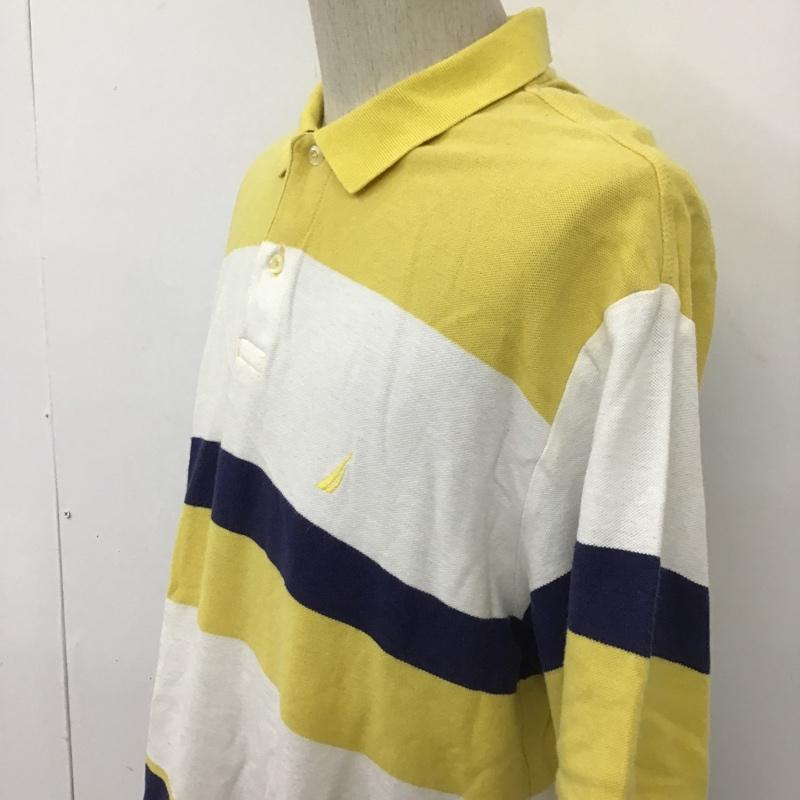 ノーティカ NAUTICA ポロシャツ 半袖 L ボーダー柄 X 刺繍 白 / ホワイト / X 黄 / イエロー / X 紺 / ネイビー / メンズ USED 古着 中古 10090209