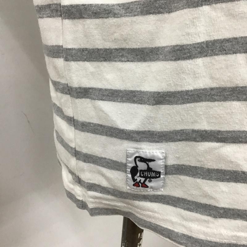 チャムス CHUMS Tシャツ 半袖 CH11-1328 W Utah Pocket T-Shirt 胸ポケット クルーネック L ボーダー柄 白 / ホワイト / X 灰 / グレー / レディース USED 古着 中古 10101330
