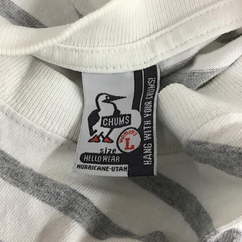 チャムス CHUMS Tシャツ 半袖 CH11-1328 W Utah Pocket T-Shirt 胸ポケット クルーネック L ボーダー柄 白 / ホワイト / X 灰 / グレー / レディース USED 古着 中古 10101330