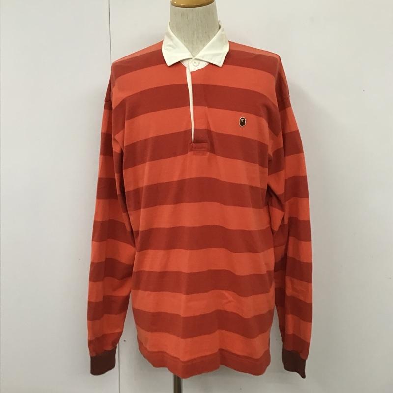 アベイシングエイプ A BATHING APE ポロシャツ 長袖 ラガーシャツ ボーダー エルボーパッチ L ワンポイント 赤 / レッド / X 橙 / オレンジ / メンズ USED 古着 中古 10101508