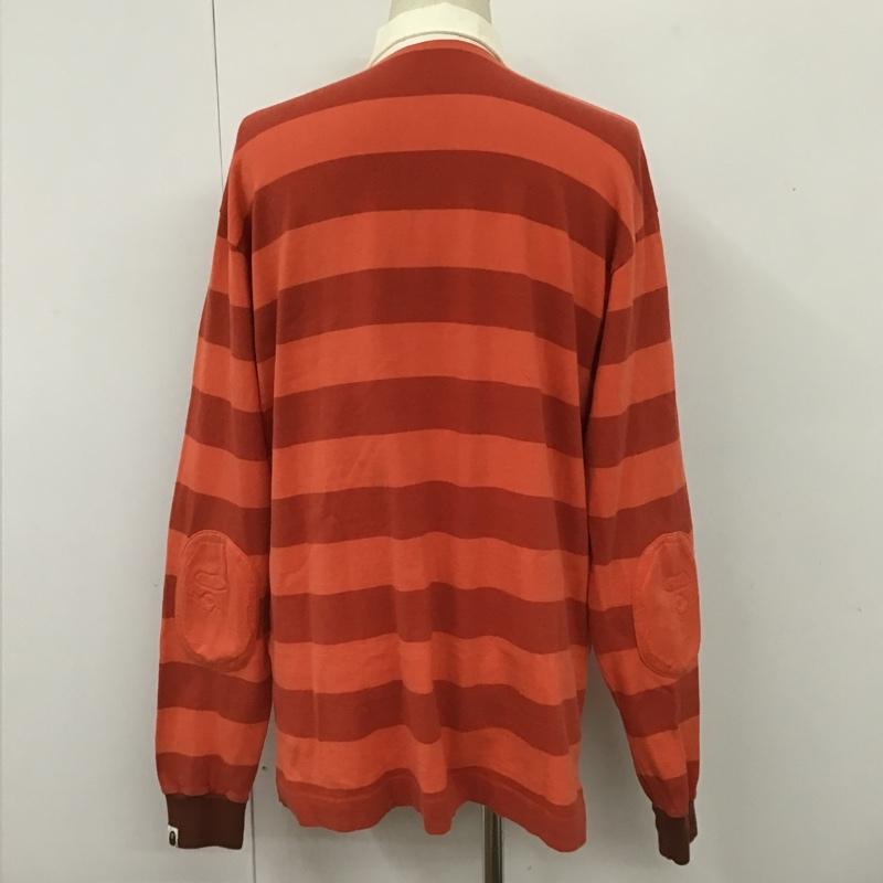 アベイシングエイプ A BATHING APE ポロシャツ 長袖 ラガーシャツ ボーダー エルボーパッチ L ワンポイント 赤 / レッド / X 橙 / オレンジ / メンズ USED 古着 中古 10101508