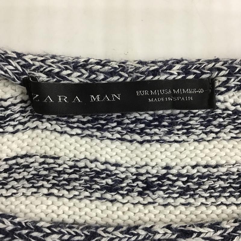 ザラメン ZARA MAN カットソー 長袖 0367 413 250 クルーネック コットンニット アクリル M ボーダー柄 白 / ホワイト / X 紺 / ネイビー / メンズ USED 古着 中古 10101588
