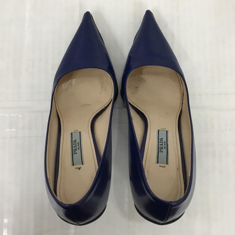プラダ PRADA パンプス パンプス ポインテッドトゥ 箱有 36 ヒール レザー 無地 紺 / ネイビー / レディース USED 古着 中古 10102510