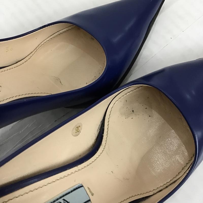 プラダ PRADA パンプス パンプス ポインテッドトゥ 箱有 36 ヒール レザー 無地 紺 / ネイビー / レディース USED 古着 中古 10102510