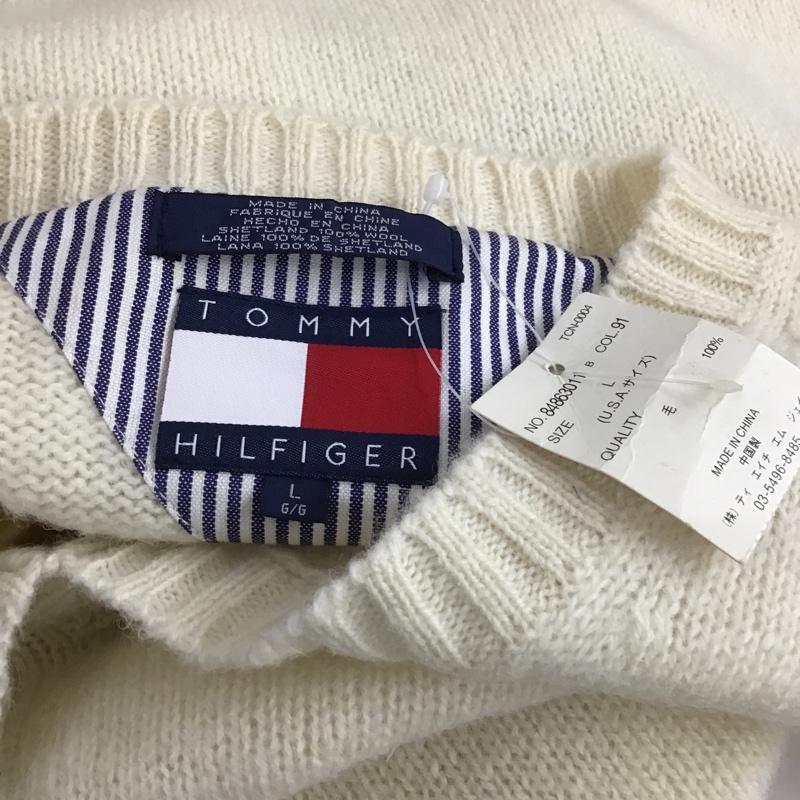 トミーヒルフィガー TOMMY HILFIGER ニット、セーター 長袖 Vネック ウール L ワンポイント アイボリー / アイボリー / メンズ USED 古着 中古 10103633