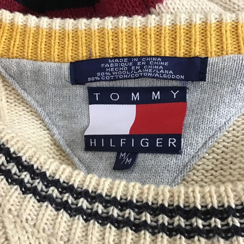 トミーヒルフィガー TOMMY HILFIGER ニット、セーター 長袖 クルーネック コットン ウール M ワンポイント 紺 / ネイビー / X えんじ / ワインレッド / X アイボリー / アイボリー / メンズ USED 古着 中古 10103635