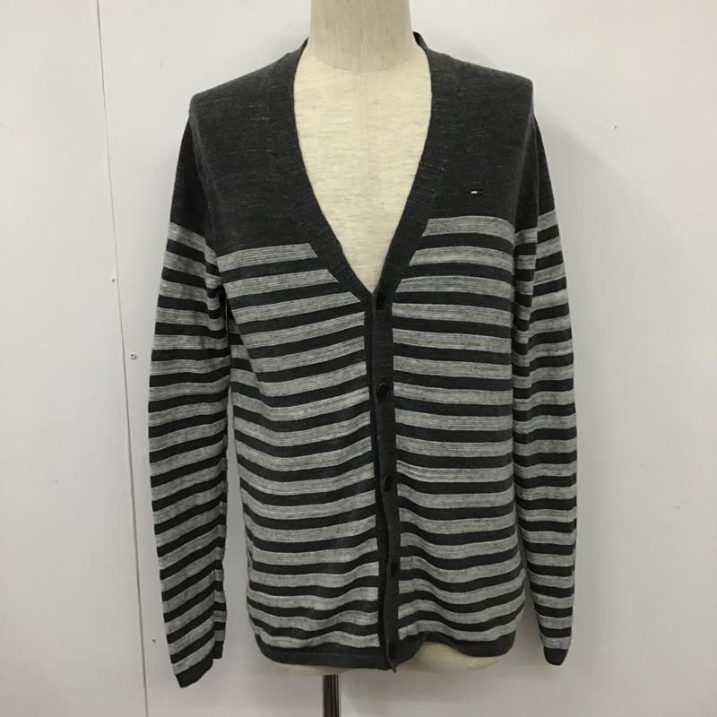 トミーヒルフィガー TOMMY HILFIGER カーディガン 長袖 Vネック ボーダー S ワンポイント 灰 / グレー / X ダークグレー / ダークグレー / メンズ USED 古着 中古 10103636