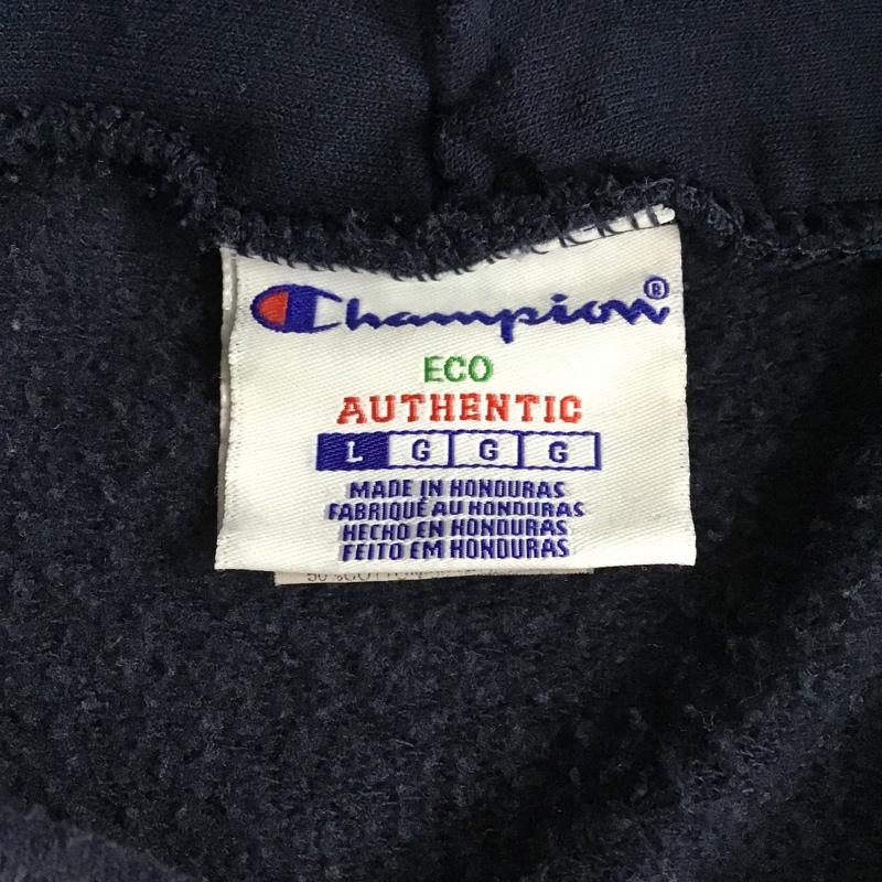 チャンピオン Champion パーカー 長袖 ECO AUTHENTIC スウェット プルオーバー 裏起毛 L ロゴ、文字 紺 / ネイビー / メンズ USED 古着 中古 10103654