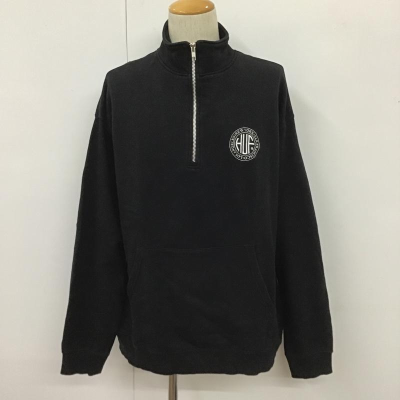 ハフ HUF トレーナー 長袖 長袖トレーナー スウェット ジップアップネック リブスウェットカットソー XL ロゴ、文字 黒 / ブラック / メンズ USED 古着 中古 10104567