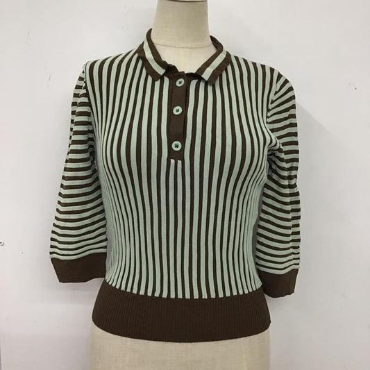 ザラ ZARA カットソー 七分袖 3471 126 054 ニットポロシャツ S ストライプ 茶 / ブラウン / X 薄緑 / ライトグリーン /  レディース USED 古着 中古 10104840