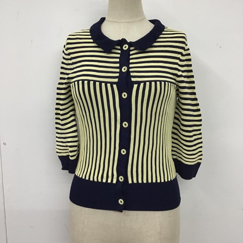 ザラ ZARA カーディガン 七分袖 3471 125 091 襟付き S ストライプ 紺 / ネイビー / X 黄 / イエロー / レディース USED 古着 中古 10104842