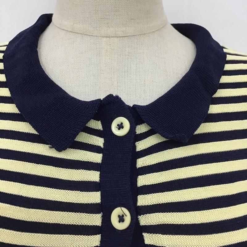 ザラ ZARA カーディガン 七分袖 3471 125 091 襟付き S ストライプ 紺 / ネイビー / X 黄 / イエロー / レディース USED 古着 中古 10104842