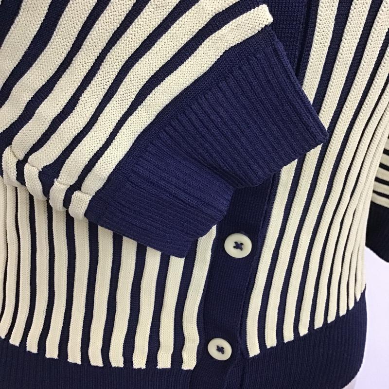 ザラ ZARA カーディガン 七分袖 3471 125 091 襟付き S ストライプ 紺 / ネイビー / X 黄 / イエロー / レディース USED 古着 中古 10104842