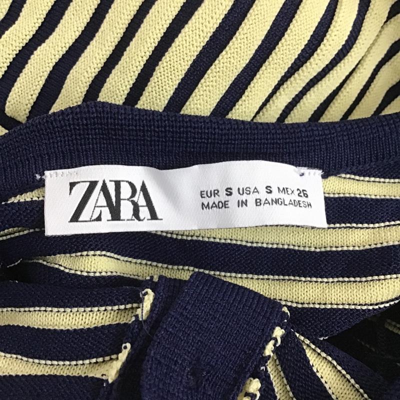 ザラ ZARA カーディガン 七分袖 3471 125 091 襟付き S ストライプ 紺 / ネイビー / X 黄 / イエロー / レディース USED 古着 中古 10104842
