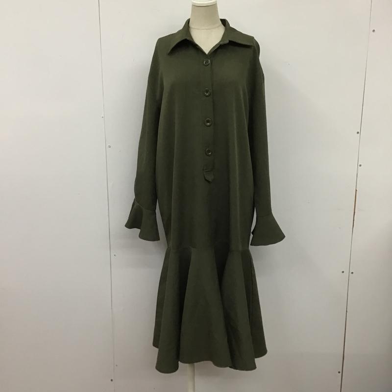 エミプラス emi+ シャツワンピース 長袖 長袖シャツワンピース カラーワンピース フレアスカート ロングワンピース 無地 カーキ / カーキ / レディース USED 古着 中古 10105172