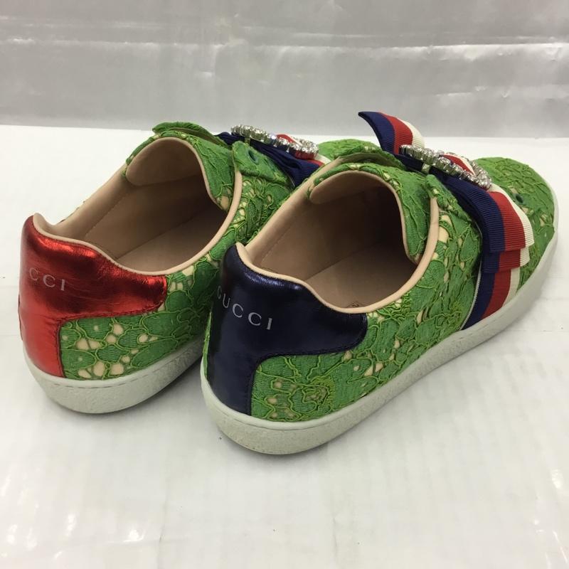 グッチ GUCCI スニーカー スニーカー 498705 レース トリコロールリボン ビシュー 37.5 箱有 ロゴ、文字 緑 / グリーン / レディース USED 古着 中古 10105464