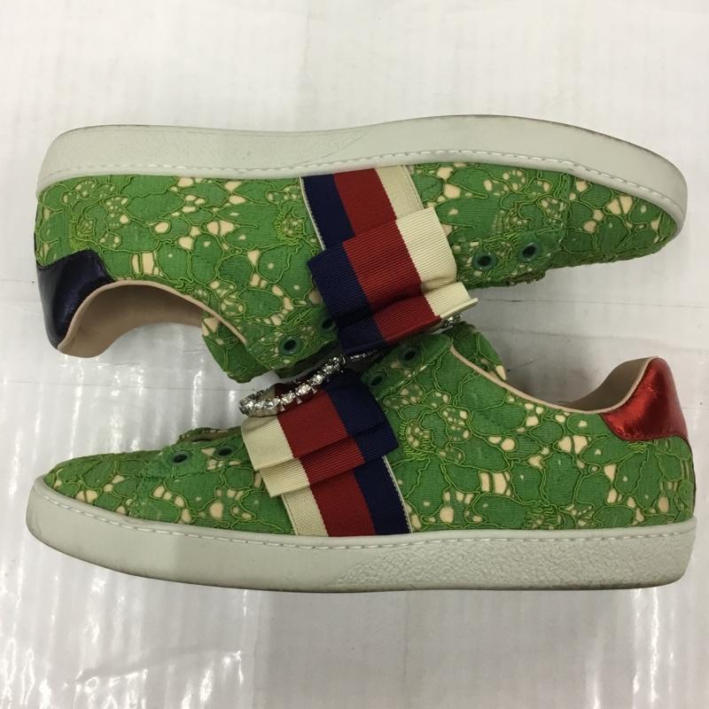 グッチ GUCCI スニーカー スニーカー 498705 レース トリコロールリボン ビシュー 37.5 箱有 ロゴ、文字 緑 / グリーン / レディース USED 古着 中古 10105464