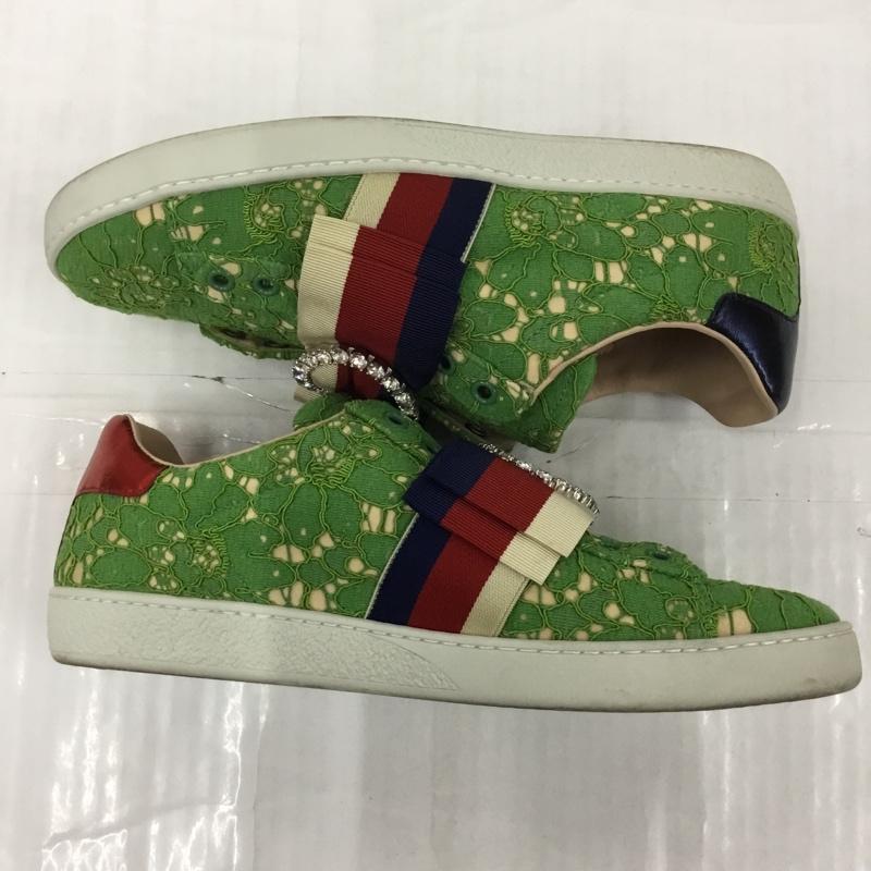 グッチ GUCCI スニーカー スニーカー 498705 レース トリコロールリボン ビシュー 37.5 箱有 ロゴ、文字 緑 / グリーン / レディース USED 古着 中古 10105464