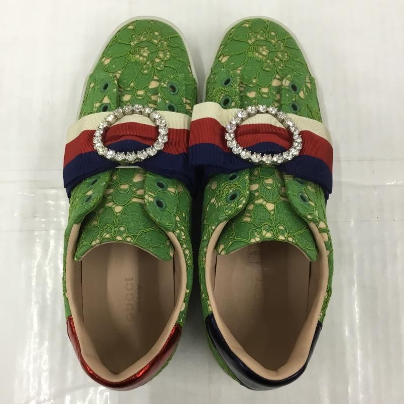 グッチ GUCCI スニーカー スニーカー 498705 レース トリコロールリボン ビシュー 37.5 箱有 ロゴ、文字 緑 / グリーン / レディース USED 古着 中古 10105464