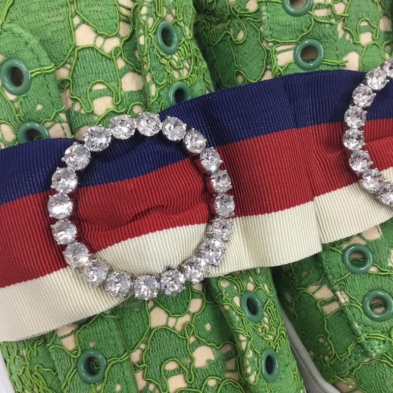 グッチ GUCCI スニーカー スニーカー 498705 レース トリコロールリボン ビシュー 37.5 箱有 ロゴ、文字 緑 / グリーン / レディース USED 古着 中古 10105464