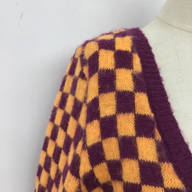ザラ ZARA カーディガン 長袖 1957 001 050 ショート丈 Uネック M チェック 橙 / オレンジ / X 紫 / パープル / レディース USED 古着 中古 10105497