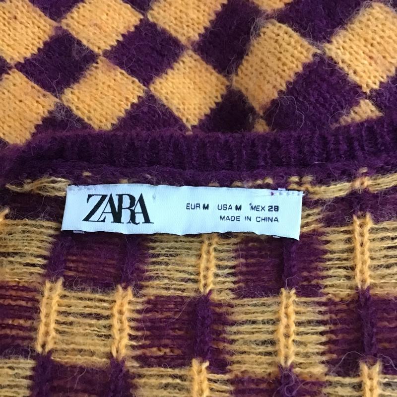 ザラ ZARA カーディガン 長袖 1957 001 050 ショート丈 Uネック M チェック 橙 / オレンジ / X 紫 / パープル / レディース USED 古着 中古 10105497