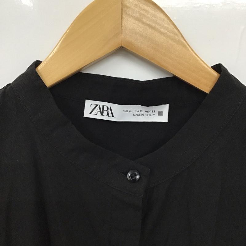 ザラ ZARA ワンピース ロングスカート 3666 021 800 バンドカラー フレンチスリーブ XL 無地 黒 / ブラック /  レディース USED 古着 中古 10130443