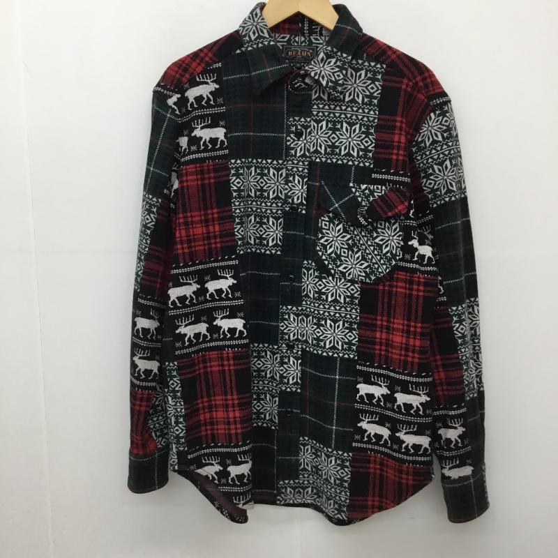 ビームス BEAMS シャツ、ブラウス 長袖 ジャガード パッチワーク ガイド シャツ M 総柄 黒 / ブラック / X 赤 / レッド / X 緑 / グリーン /  メンズ USED 古着 中古 10138384
