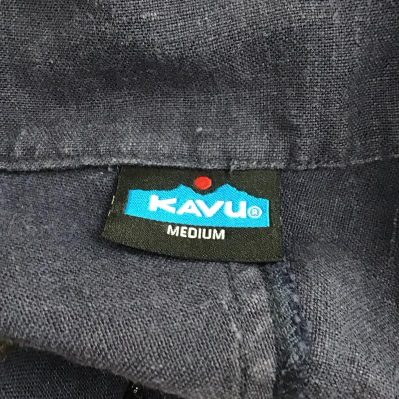 カブー KAVU ワンピース ひざ丈スカート 五分袖 麻 リネン フルジップ 前開き M ロゴ、文字 紺 / ネイビー /  レディース USED 古着 中古 10117385